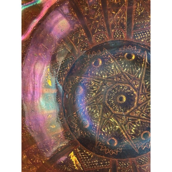 Vintage Iridescent Amber Sunflower Orange Carnival Glass Bowl Scalloped Edges - Picture 10 of 11